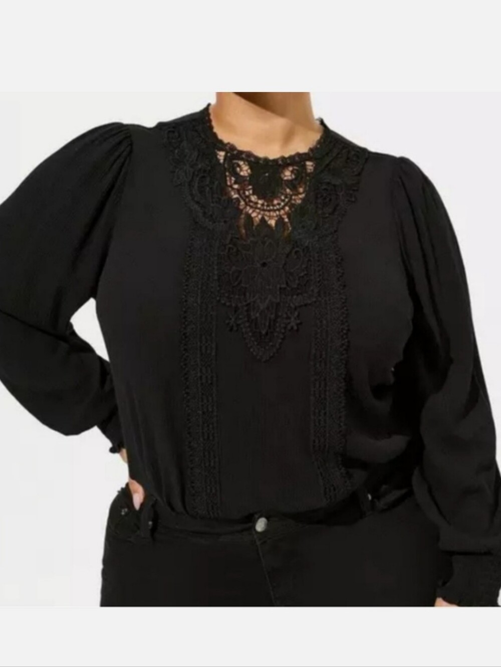 TORRID Midnight Collection Crinkle Gauze Yoke Crochet Black Blouse Top Size 00